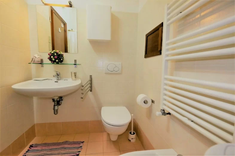Bagno con specchio, lavandino e gabinetto Appartamento Pineto Vacanza Caterina A3