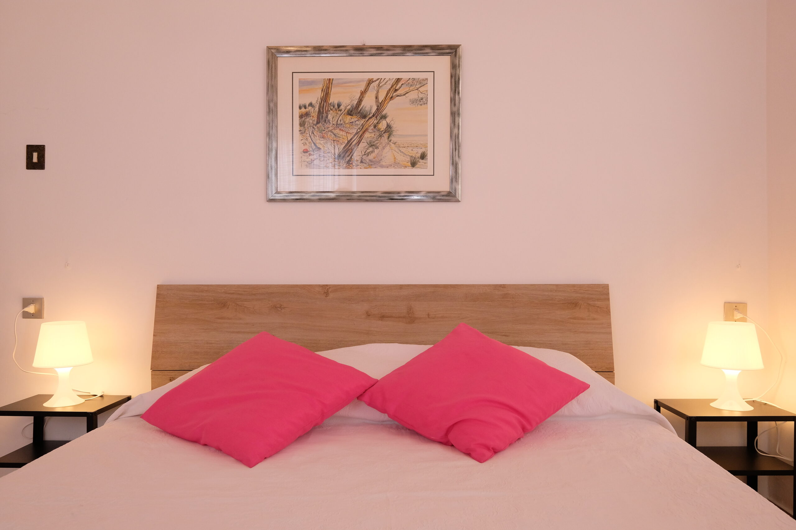Camera matrimoniale con coperte rosa e cuscini fucsia, due comodini con le abat, jour ed un quadro Appartamento Pineto Vacanza Orchidea PT
