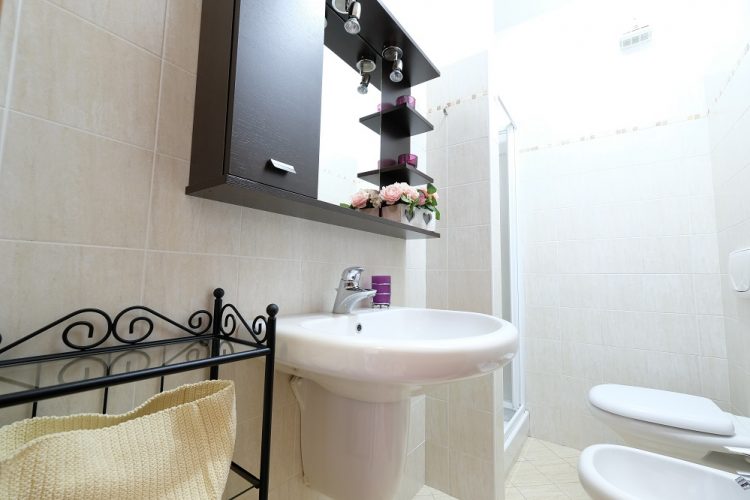 Bagno con lavandino, armadietto con specchio, gabinetto e bidet Appartamento Pineto Vacanza Poseidon 1