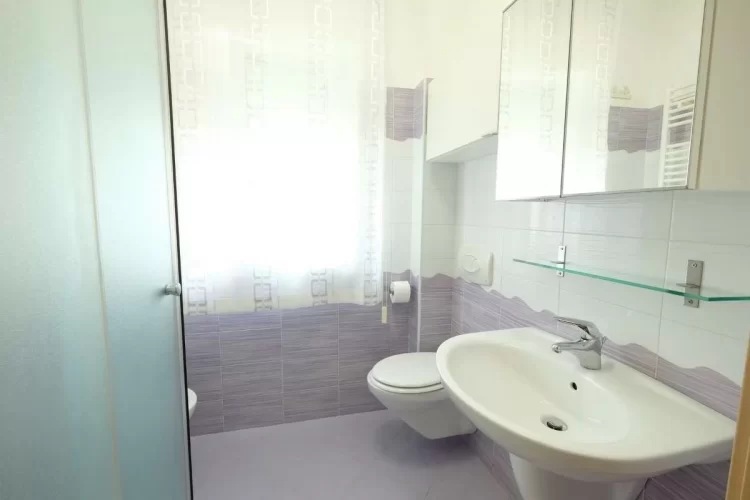 Bagno con credenza a specchio, lavandino, gabinetto e doccia Appartamento Pineto Vacanza Acqua Marina 1